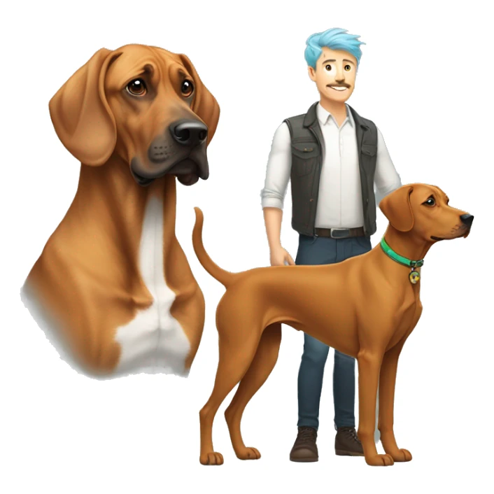 white male with rainbow colored hair and curled mustache standing alongside a brown rhodesian ridgeback dog sticker