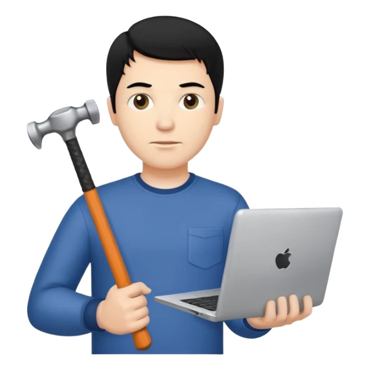 White man with black hair holding a laptop computer in one hand and a hammer in the other hand  sticker