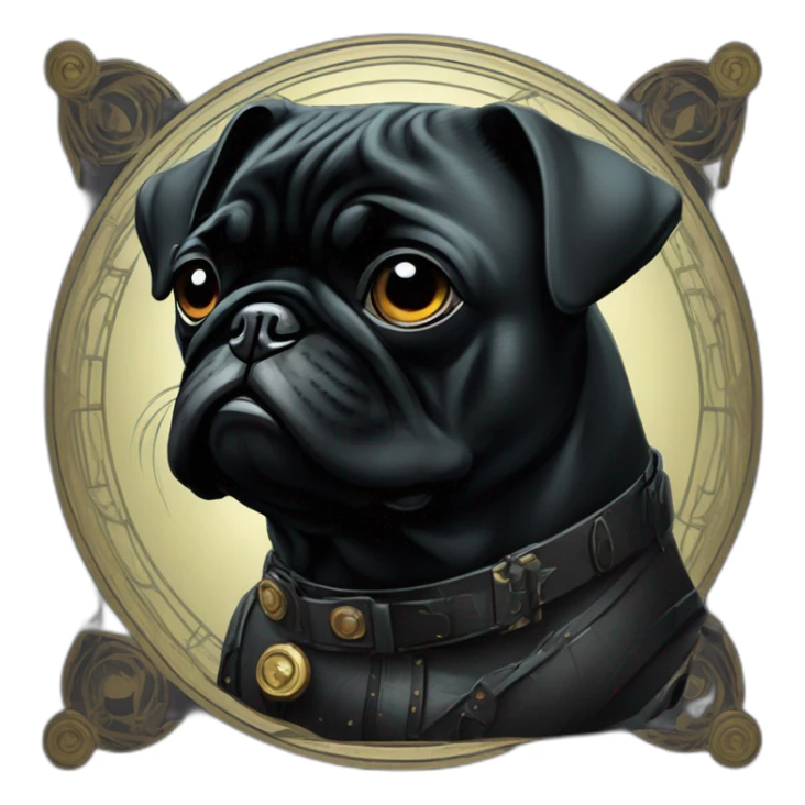 A cyberpunk black pug in Art Nouveau style during 1910 sticker