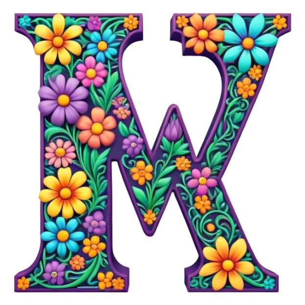 3D, gothic style psychedelic colored Letter V with hippie style flower border sticker