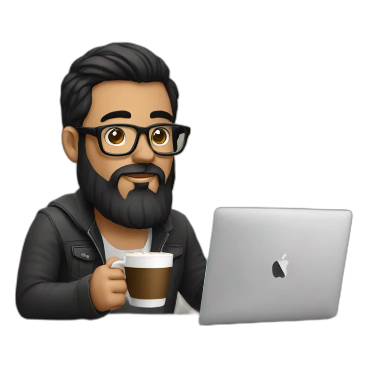 Designer with black hair, beard and glasses working with MacBook and drinking cappuccino  sticker