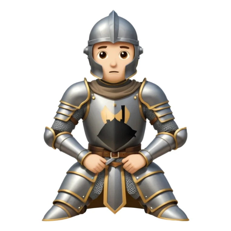 A cartoon knight in full armor with a closed helmet, expressing disappointment. The knight's head is lowered, arms crossed, and legs close together. sticker