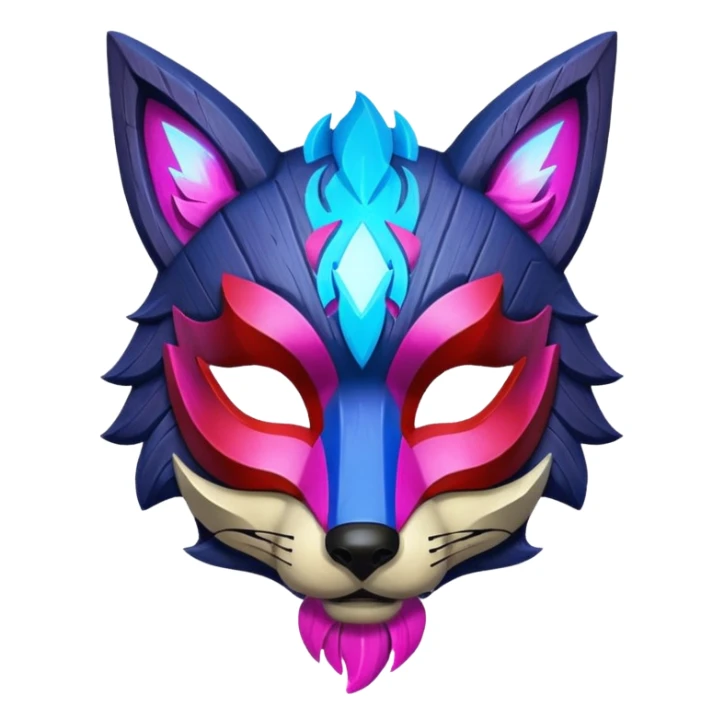 Ancient wooden mask, broken in half, luminous and neon with red, blue, and pink fox-like glow. Fragments of the mask scattered around. sticker