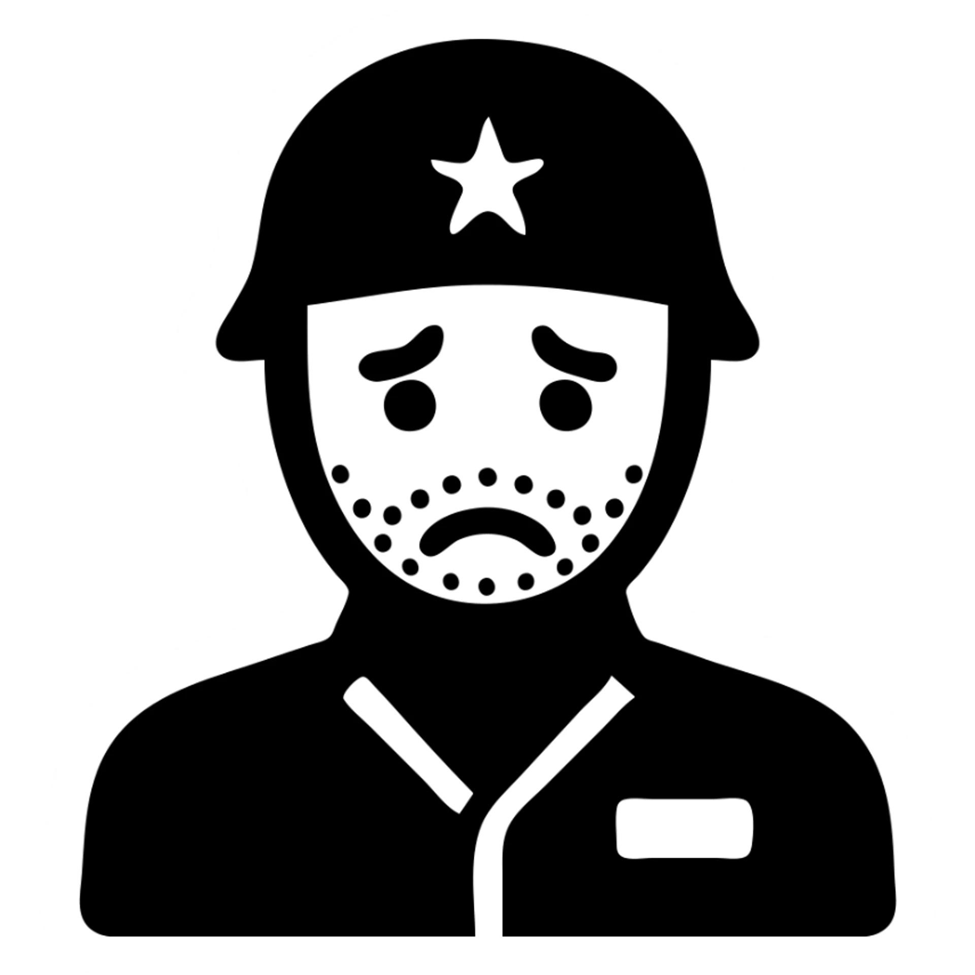 A white man with stubble in a soldier's uniform and a sad face sticker