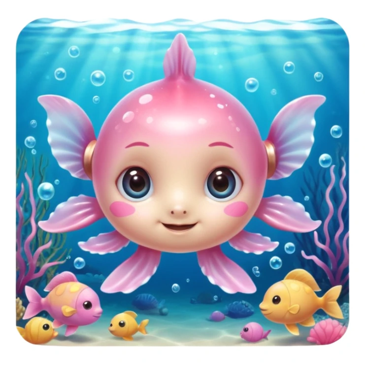 extremely cute, detailed underwater creature, shiny plastic look, huge sparkling eyes with highlights, tiny body, friendly smile, rosy cheeks, fine textures, soft pastel colors with bright accents, small accessories like hearts or bows, detailed shading and highlights sticker
