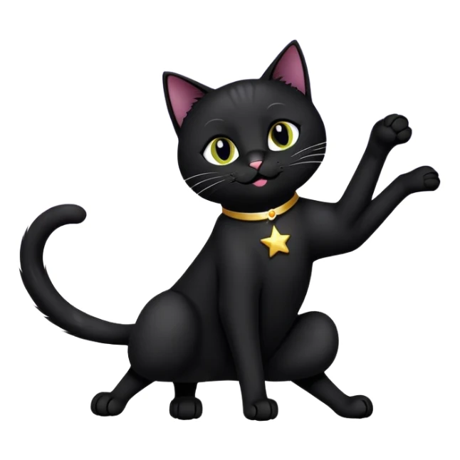 A black cat mid-stretch with exaggerated paw reach and a smug face, framed with playful stars and sparkles sticker
