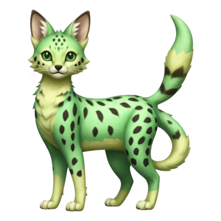 Epic complex detailed emerald-green pastel-lime-green dark-brown beige pastel realistic aesthetic-scenic-Fakémon-Sprigatito-Floragato-Meowscarada-Trico-Sergal-Serval-Vernid-creature (full body) sticker