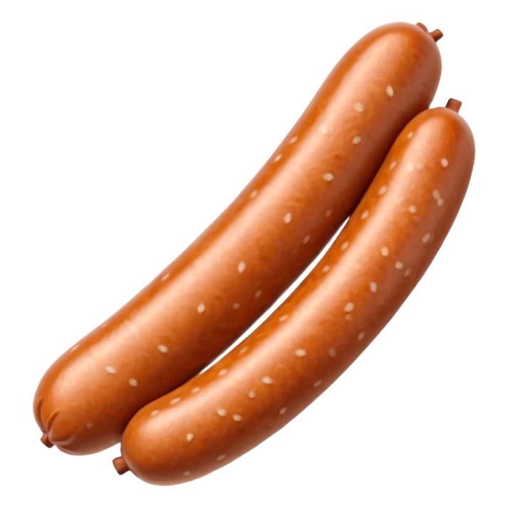 single pale sausage with smooth ivory-colored casing, slightly curved, gently browned ends, soft surface, lightly speckled, delicate finely ground filling, no plate, no garnish, no cut, whole sausage, soft lighting, subtle shadows, emoji scale sticker