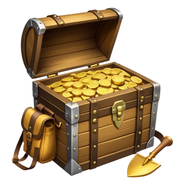 An icon showcasing a treasure chest filled with gold, a treasure map rolled up beside it, a backpack and shovel ready for the next adventure. The design captures the essence of treasure hunting, exploration, and excitement, set on a transparent background to emphasize the thrill of discovery. sticker
