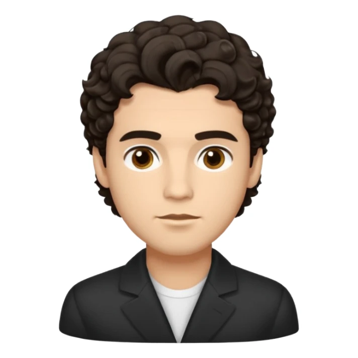 He’s a man with light to medium skin, a defined oval face, full brows, deep-set eyes, and wavy short dark brown tall puffy hair styled with height, sides are trimmed. expression calm and focused relaxed black open-collar .polished, articulate, and coach vibe. sticker