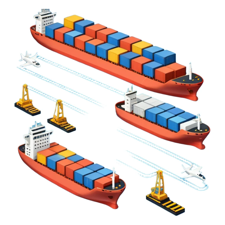 emoji in apple style showing supply chain as a sequence of clear symbols: cargo ship, truck, industrial factory, all elements side by side connected by lines, friendly colors, neutral background, top-down view sticker