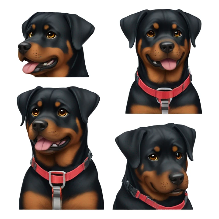 A pretty and happy Rottweiler female with a red harness sticker