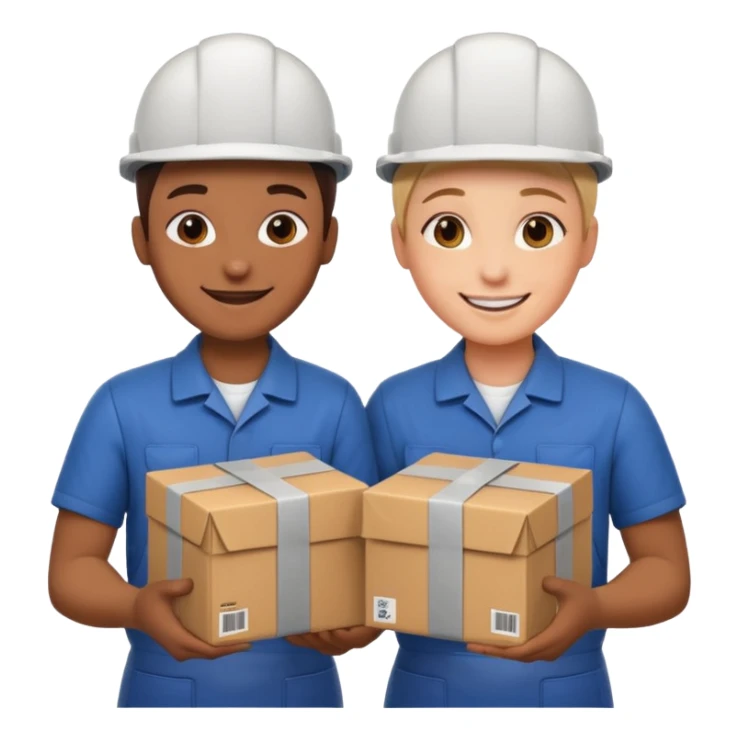 create a realistic emoji of two working packaging workers switching positio sticker