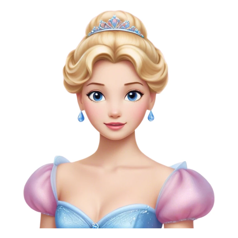 Cinematic Realistic Cinderella Portrait, depicted with lifelike skin texture, subtle rosy undertones, and soft natural lighting that enhances the gentle contours of her face. Her intricately detailed golden blonde hair is elegantly styled in an updo, with delicate wisps framing her face for added realism. Her deep, expressive blue eyes radiate warmth and sincerity, reflecting a quiet resilience and grace. She is dressed in her iconic ball gown, the fabric shimmering with intricate embroidery and fine translucent layers that catch the light beautifully. The soft sheen of satin gloves and the delicate sparkle of a glass-like slipper peeking from beneath her dress add a touch of magical realism. The portrait features an enchanting glow with a natural, luminous finish, seamlessly blending realism and fairytale charm to evoke a sense of depth, elegance, and timeless beauty. sticker