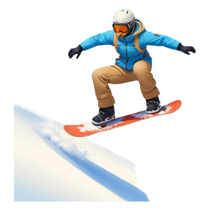 An icon featuring a snowboarder mid-jump, performing a stylish trick above a snowy mountain slope. The background showcases powdery snow, evergreen trees, and a bright blue sky. Transparent background captures the energy, skill, and thrill of snowboarding. sticker