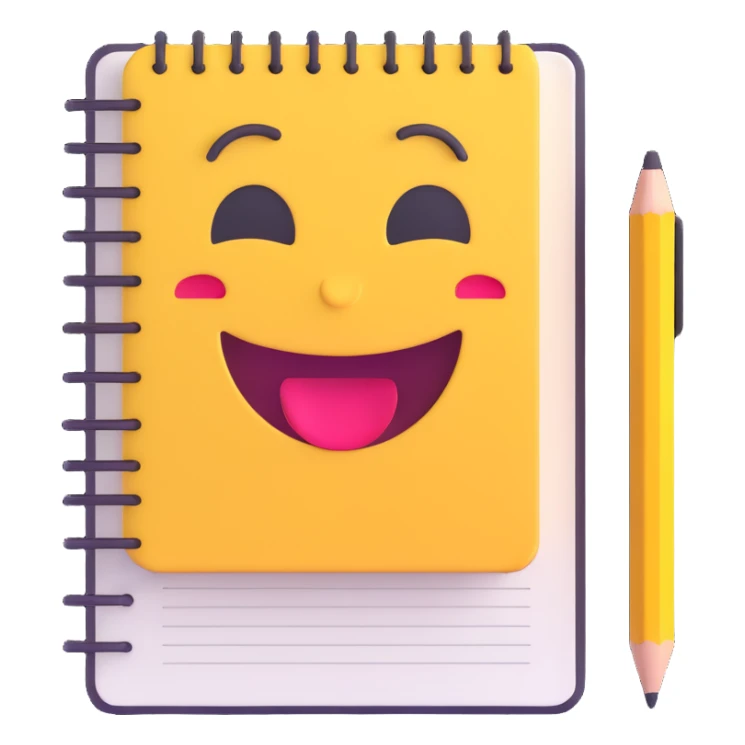 minimalist happy notebook with pencil, symbolizing daily writing and reflection, 3D emoji style sticker