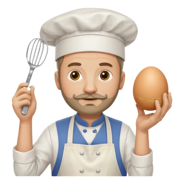 Middle aged male pastry chef - with a small beard, apron, white hat, holding an egg beater in one hand and naturally drooping in the other hand sticker