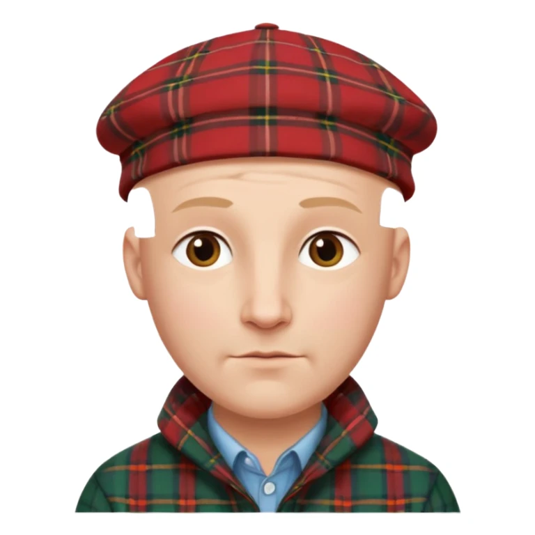 a bald man wearing a tartan flap cap looking really hopeful sticker