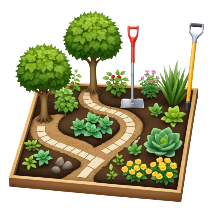 Icon for Landscape Design: a garden layout with plants, trees, paths, and design tools like a spade, pencil and measuring tape. The icon should represent creativity in outdoor space planning and gardening. Transparent background. sticker