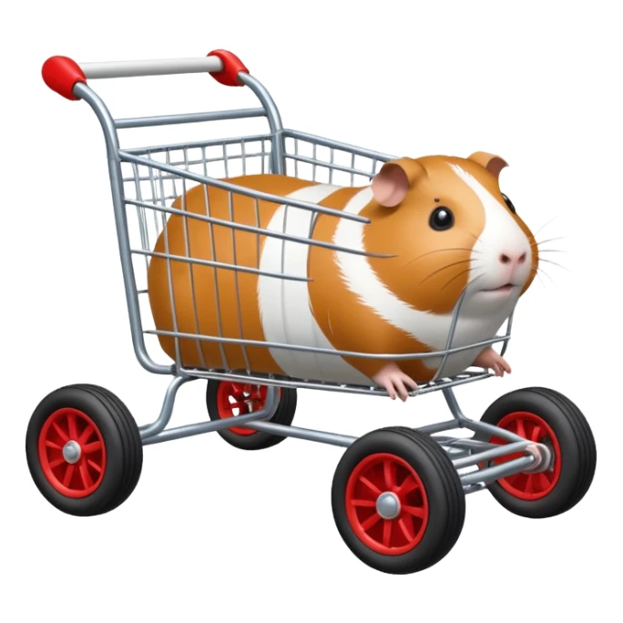 Special air-cooled three-cylinder race car whose frame and suspension is made of shopping cart material with a large rear-mounted gas tank, and rear spoiler, is being raced by a small Guinea pig sticker