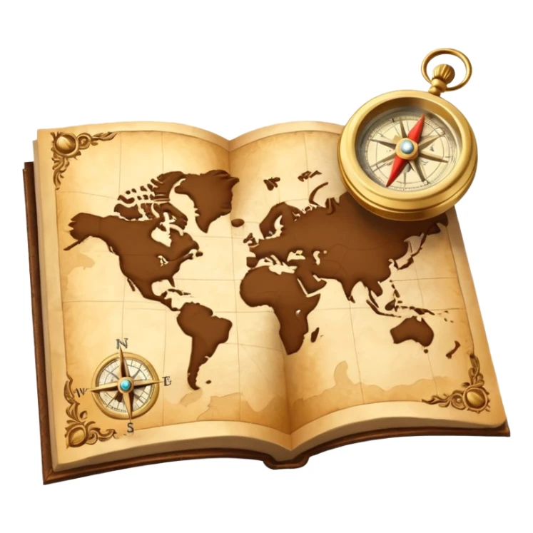 3D Brown golden map with Travel compass pointing to adventure sticker