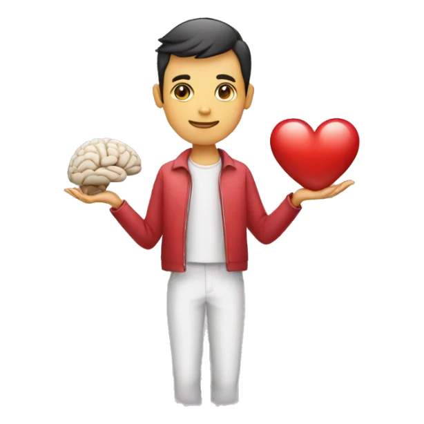 an equilibrist holding a brain and a heart sticker