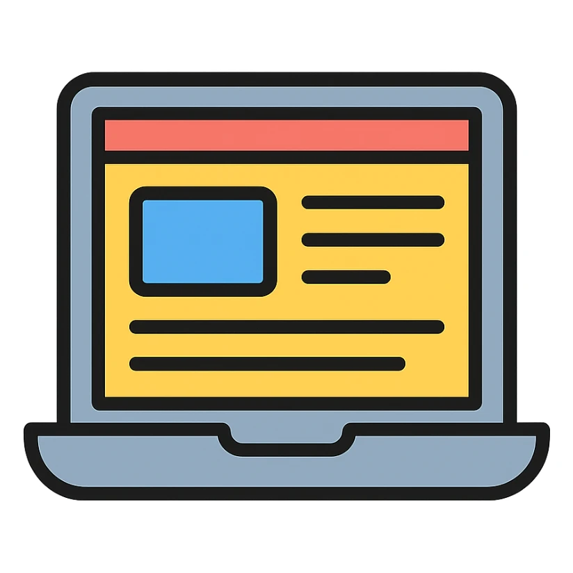 a laptop computer displaying a clean and modern website on the screen, icon style, simple and clear design sticker