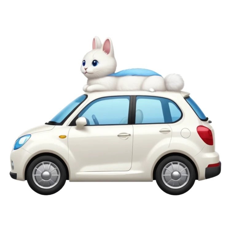 Please create a small emoji the size of 🚗 featuring a pure white cat with bunny tail with blue eyes on a white saloon car viewed from side. Again it is necessary that the emoji must be extremely small, much smaller than a standard sized sticker. sticker