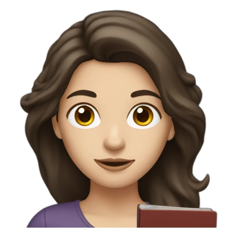 White woman with dark brown hair holding a book sticker