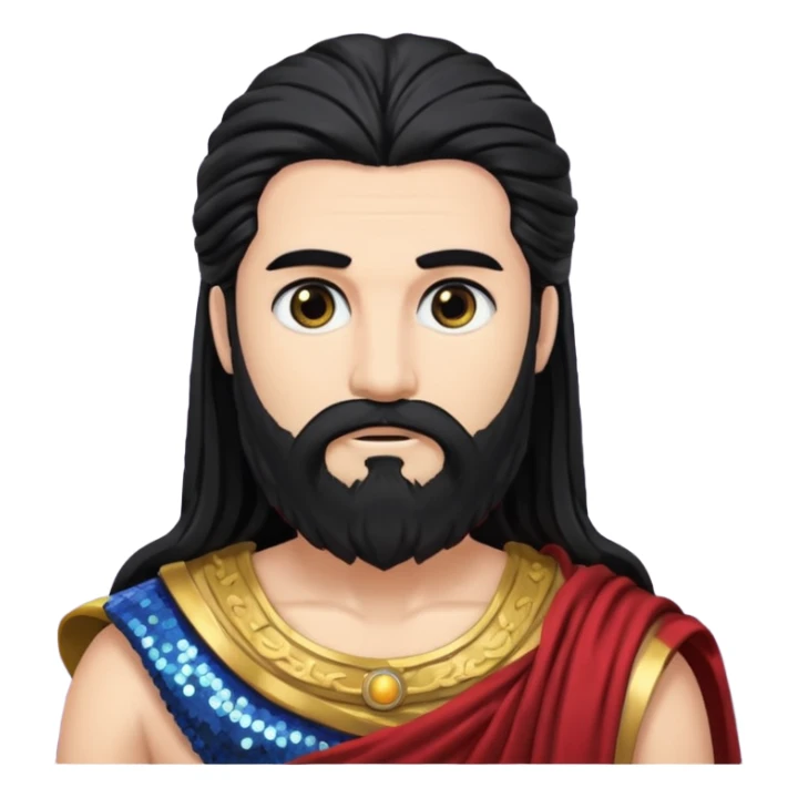 Saturn Time God with long black hair and beard, dark grey sequin toga sticker