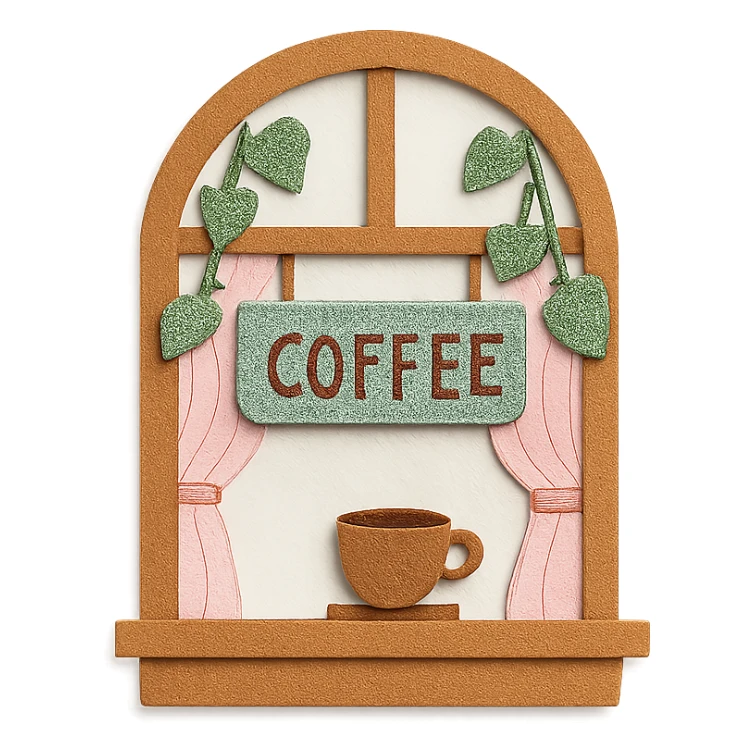cute coffee shop window with leafy vines and pastel curtains, hand-drawn style sticker