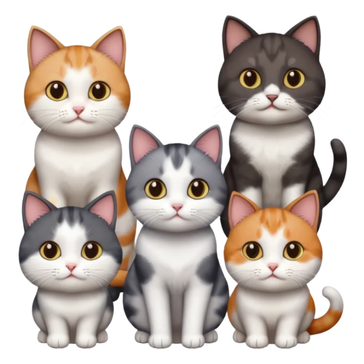 5 different coloured short haired cats including; a dark brown and white cat, and a dark grey and white, and a calico sticker