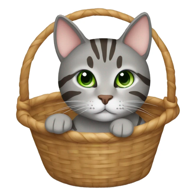 Gray and brown tabby cat with green eyes sitting in a basket sticker
