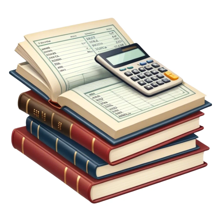 Icon for Business Reading: an open book with graphs, numbers, percentages, formulas, and text on the pages, next to a stack of books, a pile of dollars, a calculator and business magazines like Forbes. Transparent background. sticker