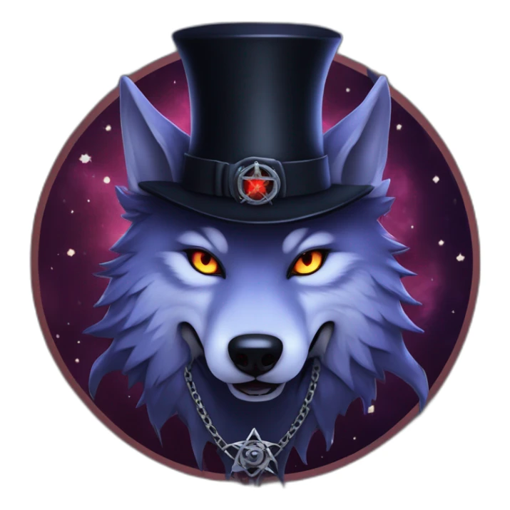 demonic wolf with a pentagram top hat and a pentagram chain with a haunting night background sticker