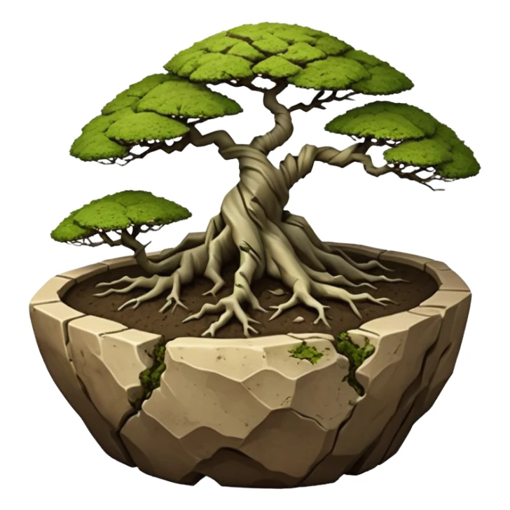 Roots Stoneware akadama moss on soil irregular angular Stone Age rocks cracked and broken forming a very shallow bonsai pot sans(without) tree  sticker