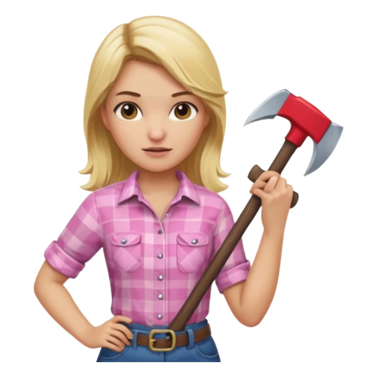 lumberjack blonde woman holding axe pink checked shirt sticker