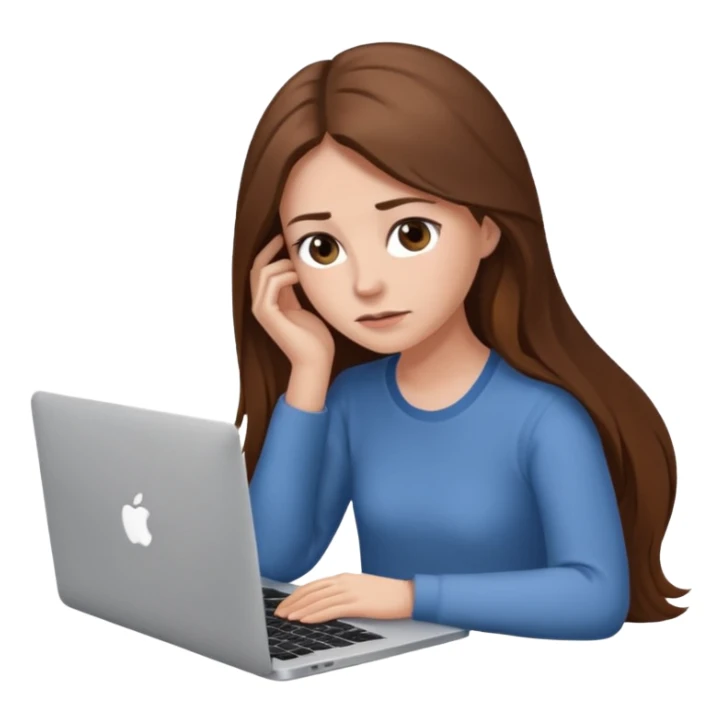 create a woman long hair brown, sitting with her macbook looking tired sticker
