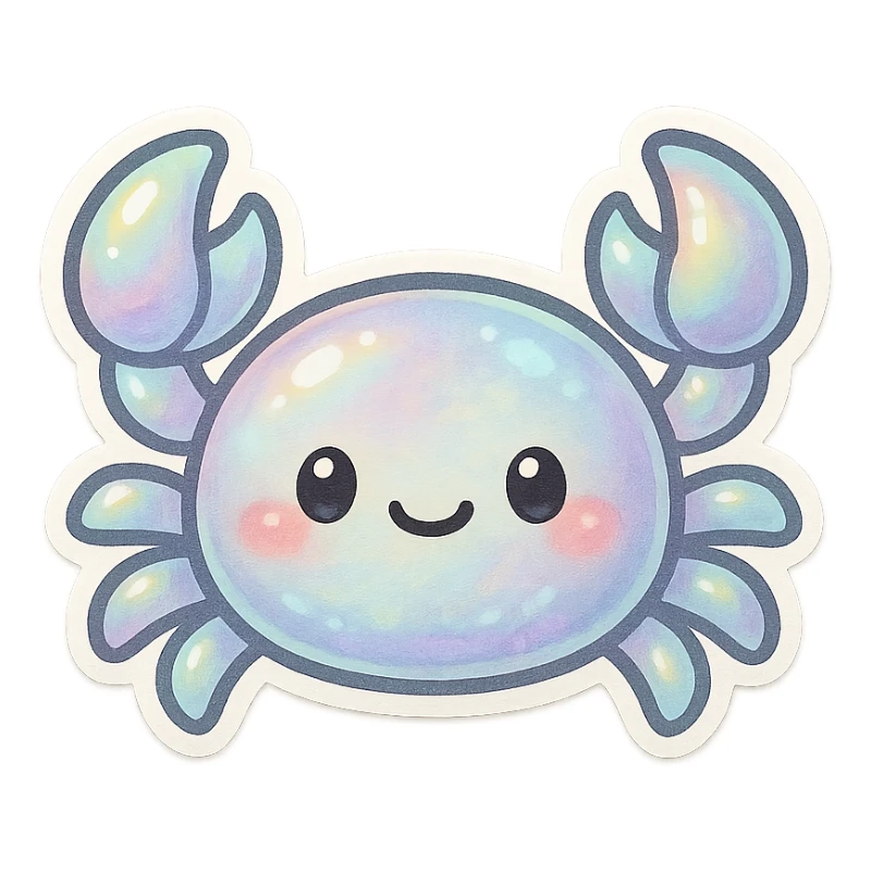 cartoon crab with iridescent pearl colors, round body, friendly face, clean background sticker