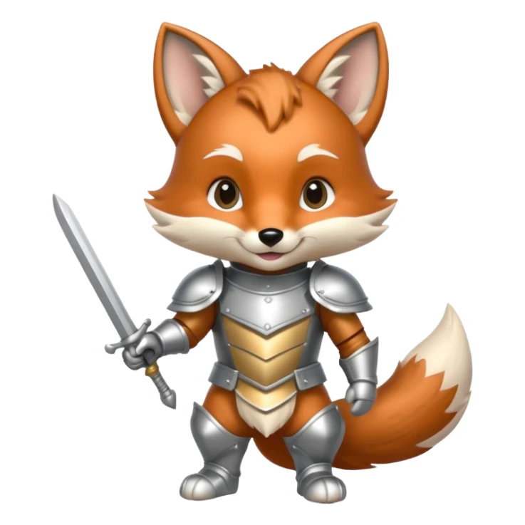 baby fox in silver armor, full body, smile sticker