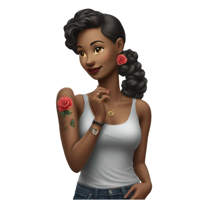 Hyper Realistic beautiful woman model with a small rose tattoo talking on a phone  sticker