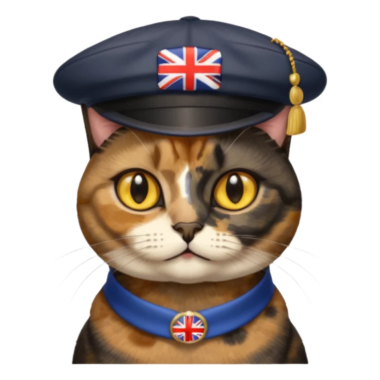 mostly black tortie cat, gold eyes, british hat sticker