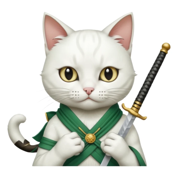 un gato blanco con reeferencia a rororoa zoro "una espada en cada mano y una en la boca" sticker