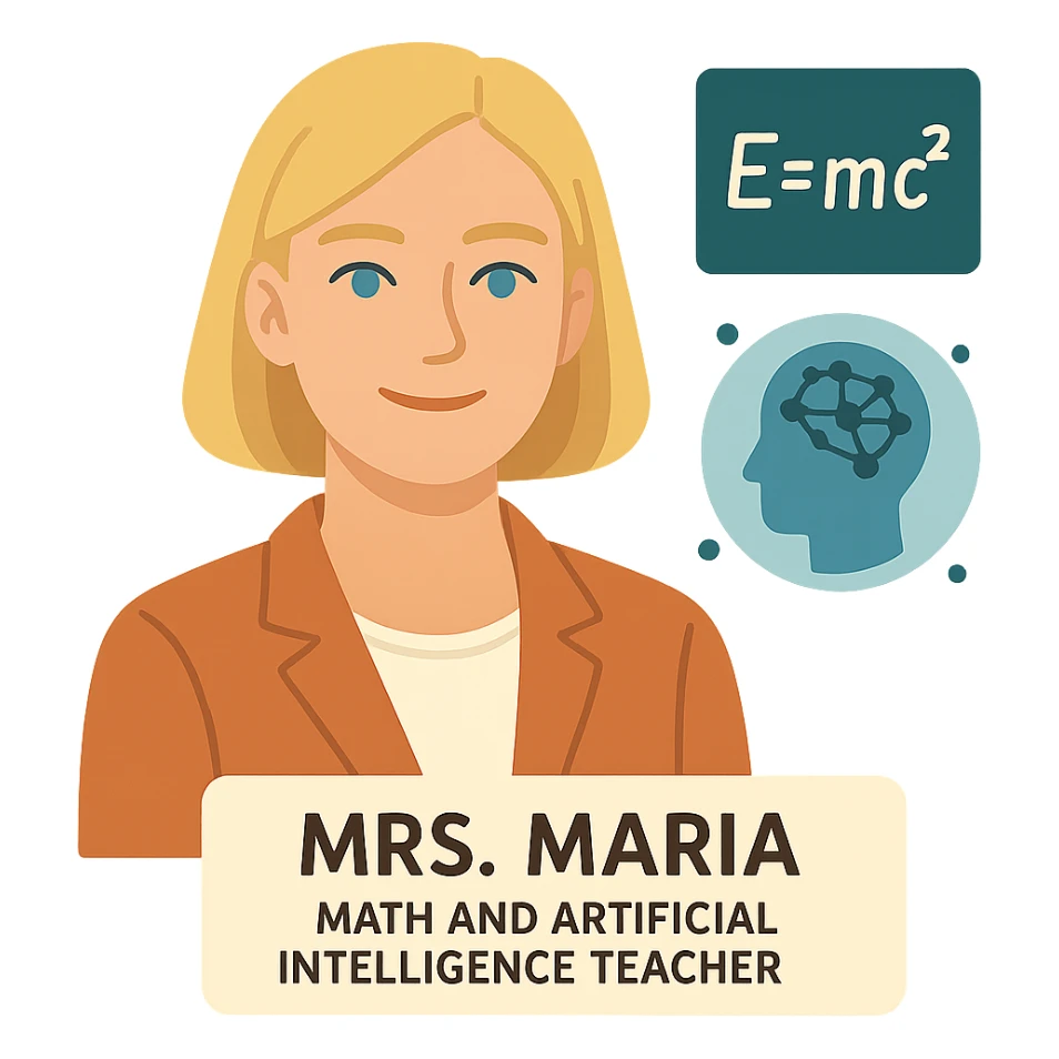 flat design style Mrs. Maria, math and artificial intelligence teacher, no glasses, thin nose, blonde eyebrows, blonde bob hair, blue eyes sticker