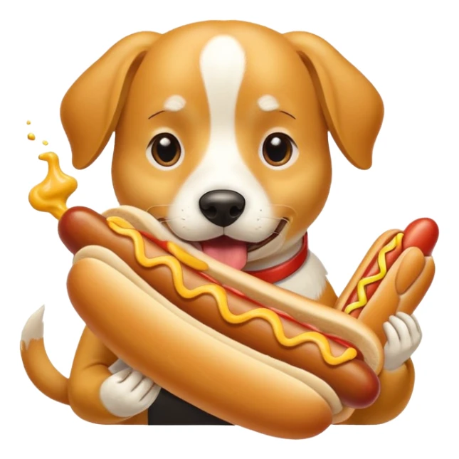 White and tan dog eating a hot dog sticker