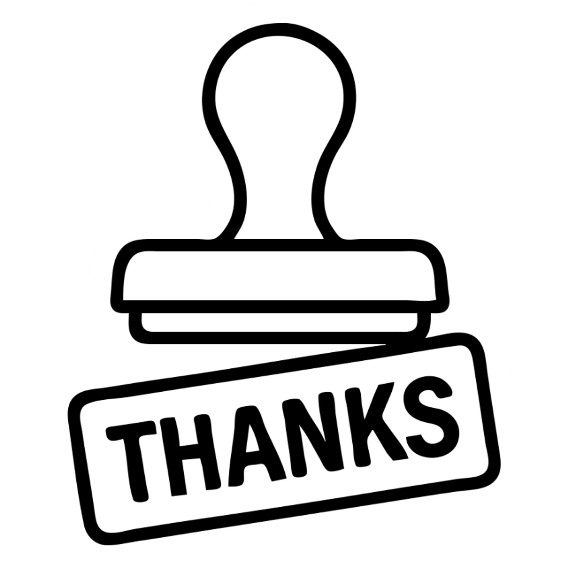 rubber stamp with 'thanks' in bold block letters, slightly angled sticker