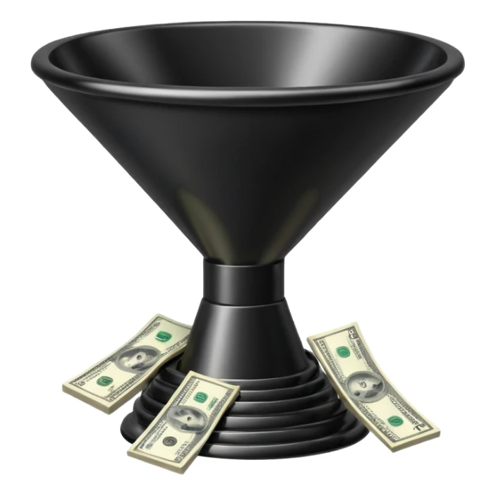 black marketing funnel with dollars at the bottom sticker