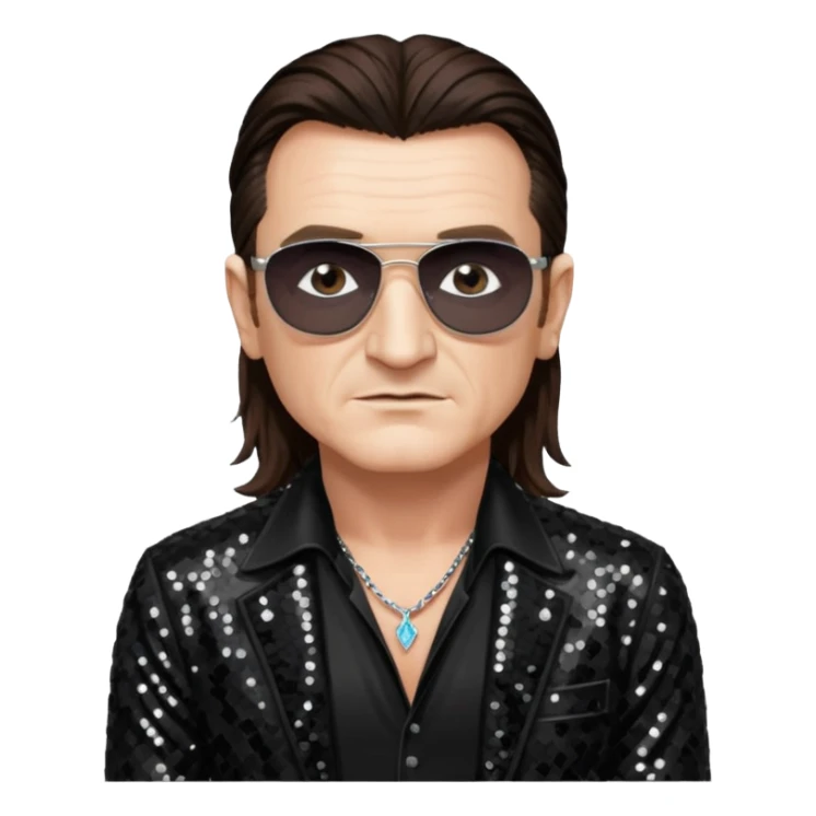 Bono from U2 with long dark brown hair, black sequin outfit  sticker