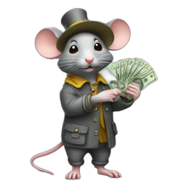a rat with rain shoes on hist feet and holding money sticker