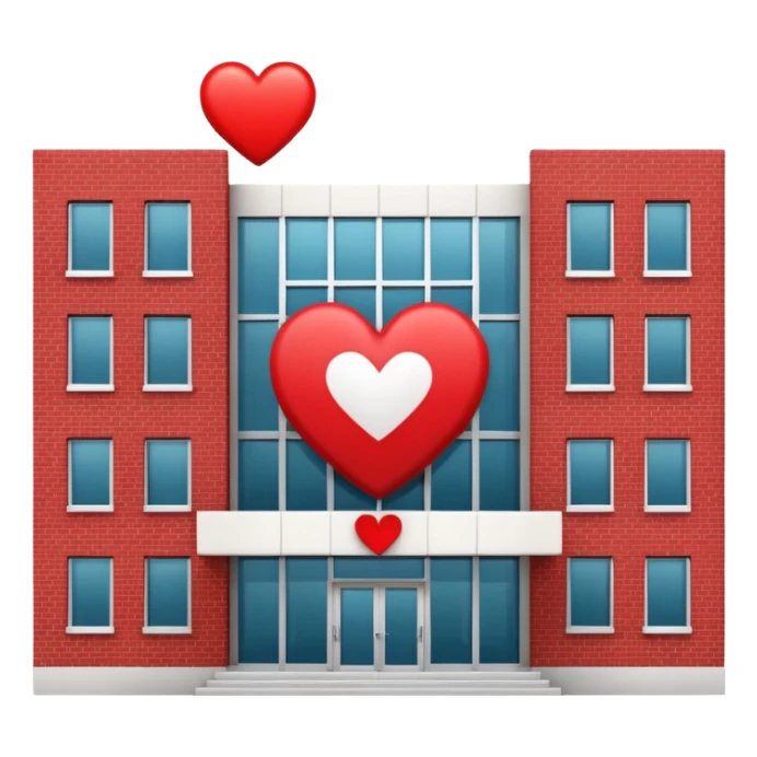 hospital building with a heart symbol sticker